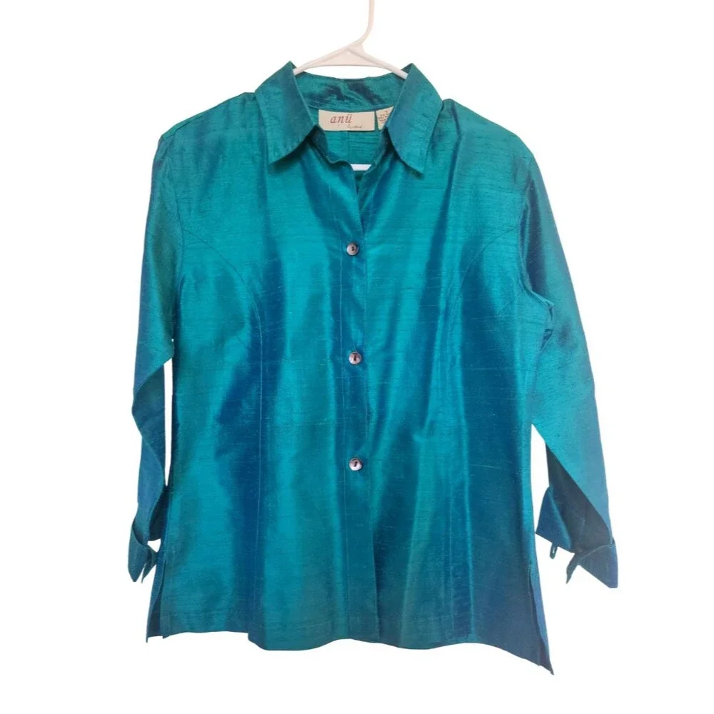 Anü by Natural Women's 100% Pure Nubbed Silk Shirt Jacket Small Teal Iridescent - Picture 1 of 4